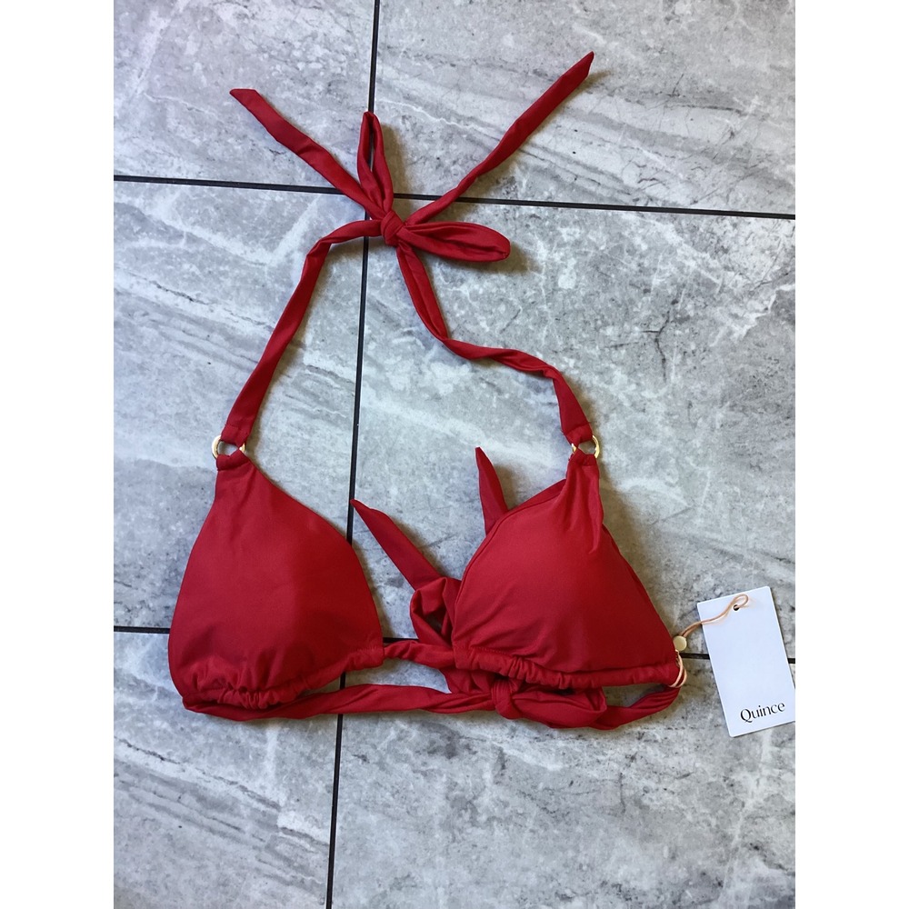 Quince Women Red Recycled Triangle Bikini Top Gold Ring Wrap Tie Swim Size M